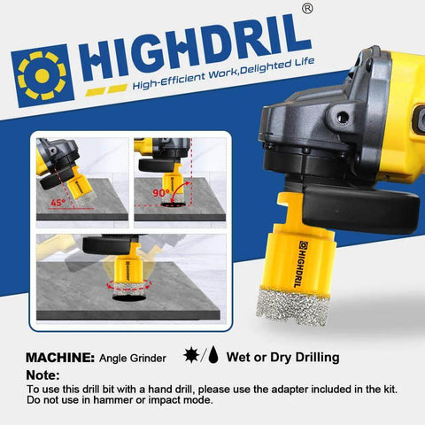 HIGHDRIL diamond drill bit kit with 5/8-11 adapter; yellow vacuum-brazed bits for porcelain tile and concrete