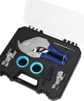 Top Notch 1/2 And 3/4 Inch Internal External Pipe Threading Tool Kit Electric Drill Compatible For Metal And PVC Pipes, tool set includes pipe wrenches and dies.