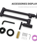 Pot Filler Faucet Wall Mounted Stainless Steel Kitchen Must Have Dual Stretchable Arm Folding Swing With Two Handle Valve Matte Black Space Saving Design Long Reach Up To 24 Inches SUS 304 Lead Free, with mounting accessories displayed