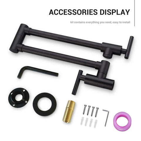 Pot Filler Faucet Wall Mounted Stainless Steel Kitchen Must Have Dual Stretchable Arm Folding Swing With Two Handle Valve Matte Black Space Saving Design Long Reach Up To 24 Inches SUS 304 Lead Free, with mounting accessories displayed