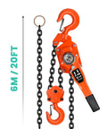 Heavy Duty Manual Lever Hoist With 20ft G80 Chain Swivels Smoothly shows orange lever, black chain, and hook for heavy lifting.