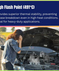 Woman standing beside open car hood on roadside, inspecting engine. Text showing product high flash point detail.
