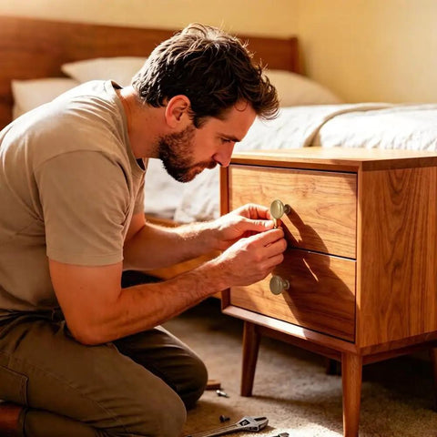 Man installing Champagne Bronze Cabinet Knobs Set Of 10 1.14 Inch Round Aluminum Alloy Drawer Pulls on wooden dresser
