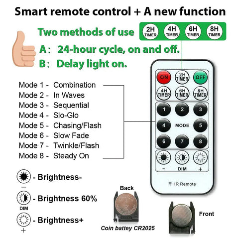 Remote control features and functions for 300 LED Curtain Fairy Lights With Remote 8 Modes USB Plug In Twinkle Silver Wire