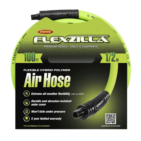 Image of packaging for Half Inch By 100 Foot Air Hose With Three Eighths MNPT Fittings, Heavy Duty Hybrid, Lightweight ZillaGreen