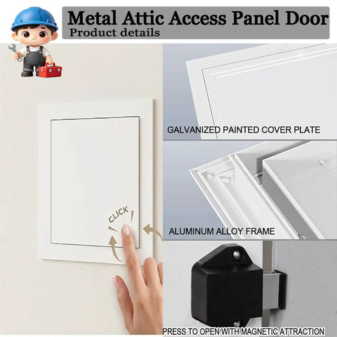 Heavy Duty 12X15 Inch Aluminum Access Panel For Drywall Walls Rock Solid Build With Slick Moisture Resistant Finish; Metal attic access panel in use.