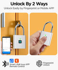 Fingerprint Padlock Keyless Biometric Lock For Luggage Suitcase Backpack Bike School And Gym Lockers No App No Bluetooth Easy Finger Access Secure Anti Theft Travel Lock showing fingerprint use and smartphone app unlocking.