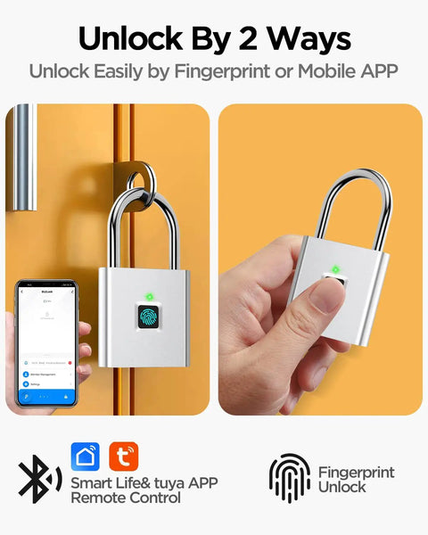 Fingerprint Padlock Keyless Biometric Lock For Luggage Suitcase Backpack Bike School And Gym Lockers No App No Bluetooth Easy Finger Access Secure Anti Theft Travel Lock showing fingerprint use and smartphone app unlocking.