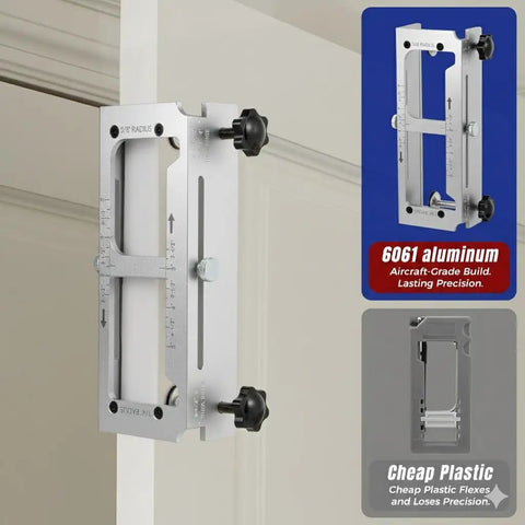 Pro Grade Dead Nuts Precise Door Hinge Template Kit For Router Adjustable Mortise Jig Rock Solid Aerospace 6061 Aluminum showing precise fit and measurements.
