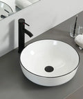 White Ceramic Vessel Sink For Countertop Install Round Above Counter Porcelain Basin with Black Faucet and Pop Up Drain