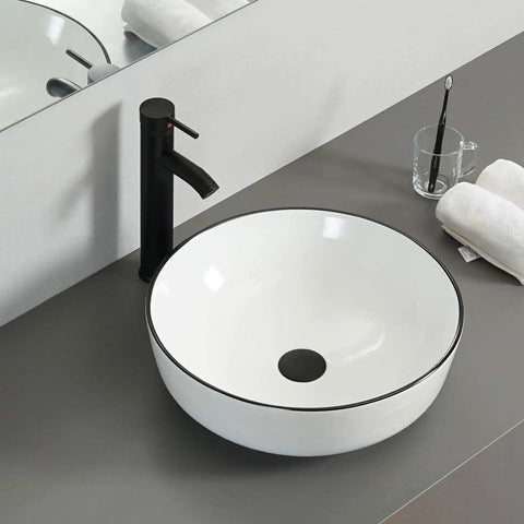 White Ceramic Vessel Sink For Countertop Install Round Above Counter Porcelain Basin with Black Faucet and Pop Up Drain