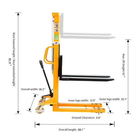 Side view of Heavy Duty Manual Pallet Stacker 2200 Lb Capacity With 63 Inch Lift Height Fixed Leg Design And Adjustable Forks