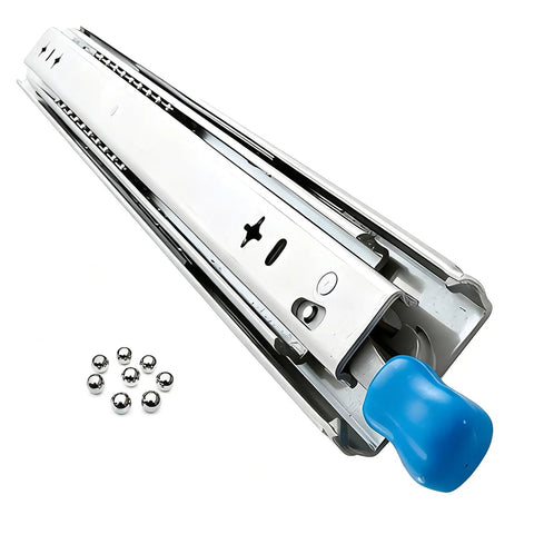 Heavy-Duty 56-Inch Full-Extension Drawer Slides Rock Solid Cold Rolled Steel Ball Bearing Rails with blue handle for smooth operation.
