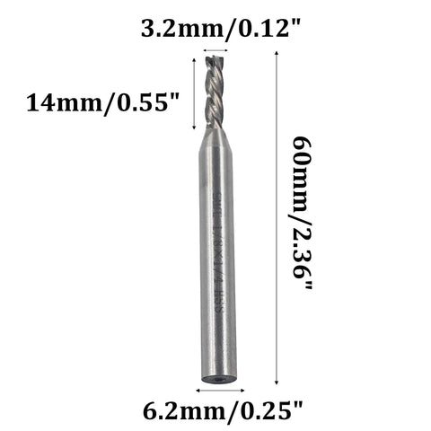 5 Pack 1/8 Inch End Mill Cutter With 1/4 Inch Shank, 4 Flute Precision CNC Milling Bit For Aluminum and Wood, detailed dimensions