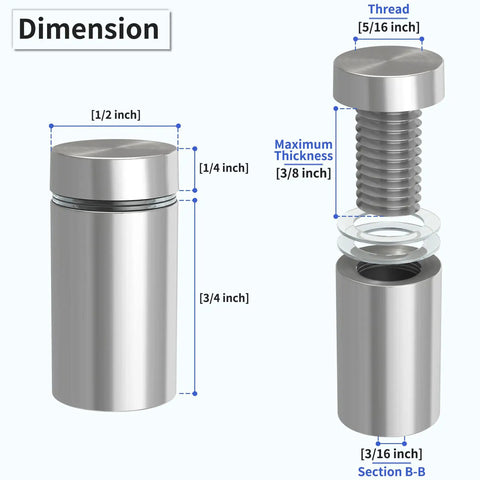 Built Tough Heavy Duty Stainless Steel Standoff Screws 50 Pack 1/2 Inch Diameter By 3/4 Inch Length Silver Mounting Hardware dimensions detailed illustration.