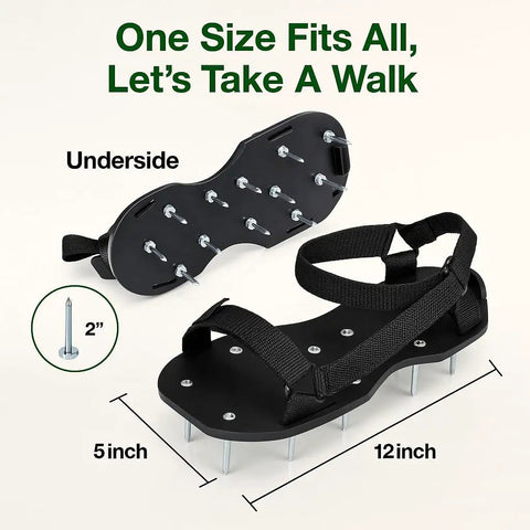 Heavy Duty Lawn Aerator Shoes With Spikes, spiked sandals showing underside with 2-inch spikes, one size fits most with straps.