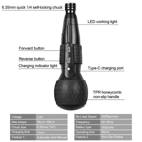 3.6V Cordless Screwdriver With Ultra Strong Magnetic Bit 2-In-1 Manual And Auto, Forward And Reverse, 1800mAh USB-C Battery, LED Light