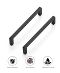 30 Pack Matte Black Cabinet Pulls With Five Inch Center To Center Holes Slim Square Kitchen Handles, shown with protective features icons
