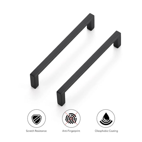 30 Pack Matte Black Cabinet Pulls With Five Inch Center To Center Holes Slim Square Kitchen Handles, shown with protective features icons