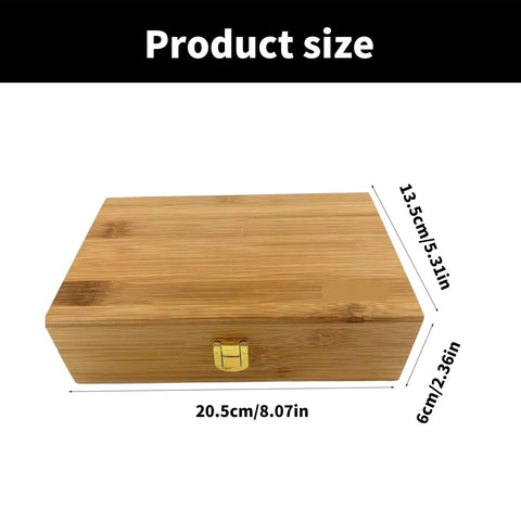 Wooden storage box for Pro Grade 20 Size Mainspring Winder Set, dimensions shown in centimeters and inches