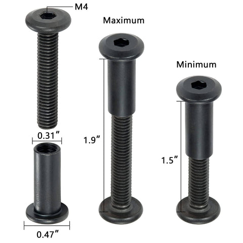 Detailed view of black M6 bolts from 40 Sets Black M6 Bolts And Nuts Cap Nuts Assortment Kit with measurements and M4 drive tool.