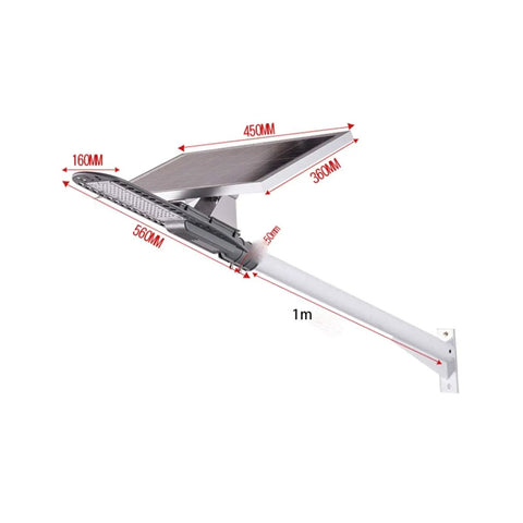 Heavy Duty 120W Solar Street Light With Motion Sensor Tough Aluminum Housing side view showing dimensions and solar panel for outdoor use.