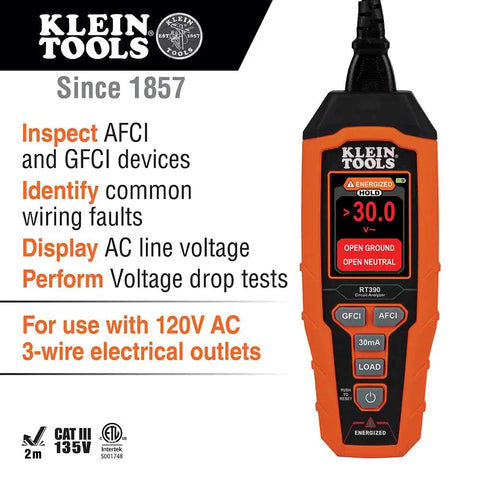 RT390 Circuit Analyzer With Large Color LCD For Quick, No Nonsense Wiring Fault Checks, AFCI And GFCI Tester shown in packaging