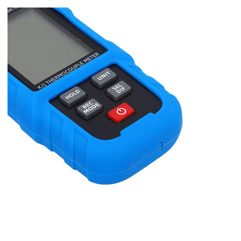 Heavy Duty 4 Channel Digital Thermometer With K And J Type Thermocouple Input, showing buttons and blue rubber casing.