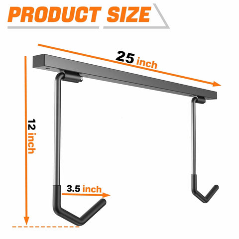 Ceiling Mounted Overhead Bike Rack dimensions with 25-inch width, 12-inch height, 3.5-inch hooks, for space-saving storage