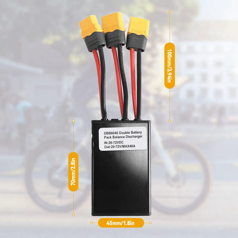 Dual Battery Parallel Connector For Electric Bikes 20V-72V DC Power Kit With XT60 Plug 40A, dimensions shown