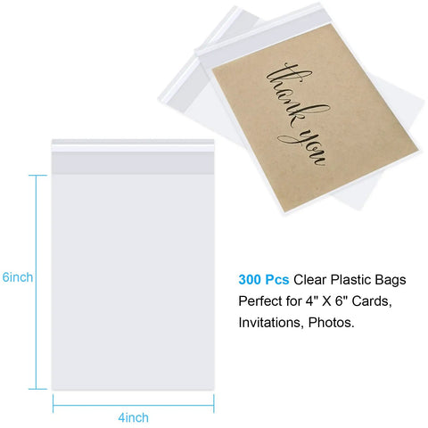 300 Count 4x6 Inch Self Adhesive Cellophane Bags shown with thank you card, perfect for cookies, candy, bread, and party favors.
