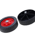 Two Pack Battery Powered Lawn Mower Attachments With Roller Wheels For Breezy Maneuvering And Simple Assembly Boosting Stability For Tight Edges Flower Beds And Small Yards, showing black and red roller wheels
