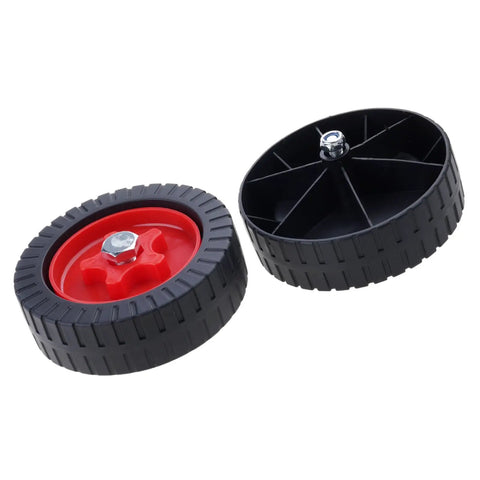 Two Pack Battery Powered Lawn Mower Attachments With Roller Wheels For Breezy Maneuvering And Simple Assembly Boosting Stability For Tight Edges Flower Beds And Small Yards, showing black and red roller wheels