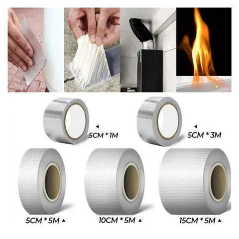 Multiple rolls of self adhesive butyl patch seal tape in various sizes showcased for roof, pipe leaks, duct fix, and crack repair.