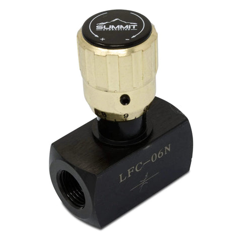 Summit Hydraulics LFC-06N hydraulic flow control needle valve, 3/8 in NPT ports, black body with brass knob
