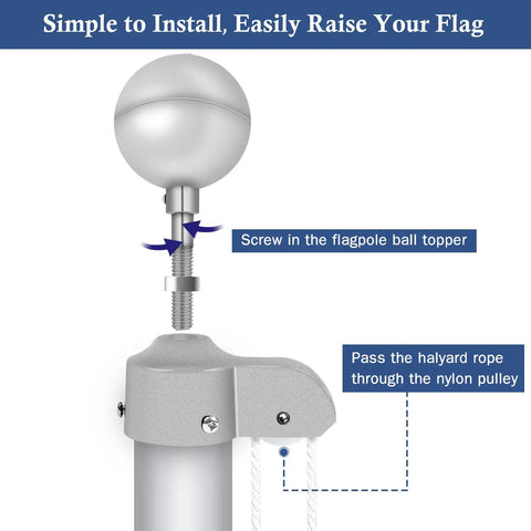 Heavy Duty Flagpole Hardware Repair Kit With 50 Ft Halyard Rope 3 Inch Ball Topper attached on flagpole with pulley for easy use.