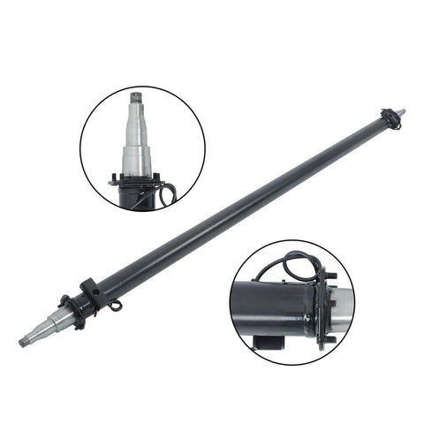 Thomletha trailer axle beam, black steel tube with spindle ends, side view