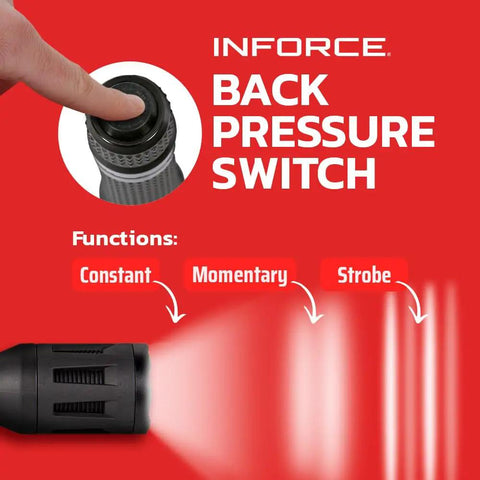 Close-up of TFX Handheld Flashlight 700 Lumens White Beam, Black Body, Rugged Glass-Reinforced Nylon Build for Everyday Carry switch details