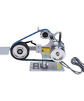 Heavy Duty 550W Desktop Belt Sander And 110V Bench Polisher with blue sanding belt and metal frame for woodworking and metal jobs.