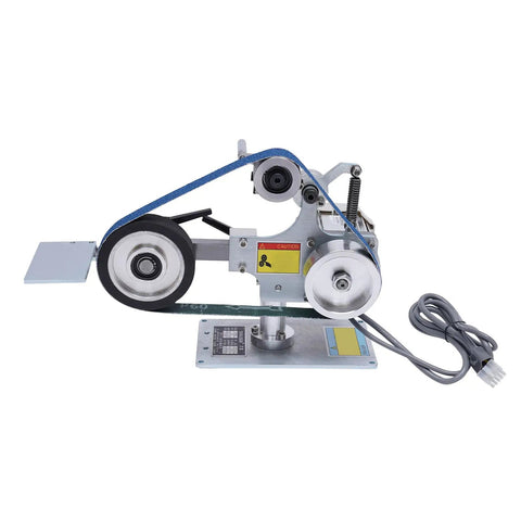 Heavy Duty 550W Desktop Belt Sander And 110V Bench Polisher with blue sanding belt and metal frame for woodworking and metal jobs.