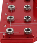 Close-up of Top Tier 2 In 1 Shelf Pin And Cabinet Hinge Jig Kit Crafted From Solid Aluminum with precision drill guide holes.