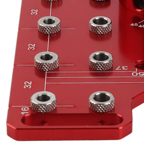Close-up of Top Tier 2 In 1 Shelf Pin And Cabinet Hinge Jig Kit Crafted From Solid Aluminum with precision drill guide holes.