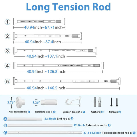Diagram of Adjustable Outdoor Tension Curtain Rod 41 To 144 Inch No Drilling No Tools Needed 1.26 Inch Diameter with components