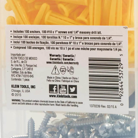 Klein Tools 53729 conical anchor kit in clear case with 100 anchors, 100 #2 screws, and a 1/4 in masonry drill bit.