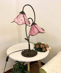 Flower Tiffany Style Stained Glass Table Lamp With 8 Inch Bent Glass Lampshade And Lily Pad Base Two Light Pink Desk Light