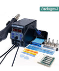 2 In 1 Soldering Station With Hot Air Gun And Soldering Iron, Dual Digital Display, accessories visible, compact black design