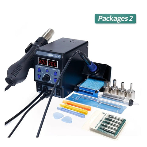 2 In 1 SMD Soldering Station with hot air gun and iron, dual digital display and accessories for electronics repair on white background