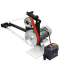 Heavy Duty 71 Inch Desktop Belt Sander Workhorse Featuring A Rock Solid 2200W Motor With Stepless Speed Control And Three Swappable Grinding Wheels For Killer Woodworking Projects - close-up of belt sander with motor.