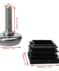 Eight Pack Adjustable Swivel Furniture Levelers With Metal And Plastic Screw Base M8x20mm Thread Anti Wobble Foot Pads showing dimensions.