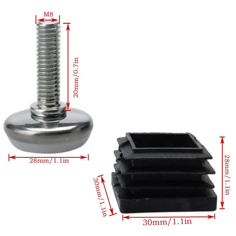 Eight Pack Adjustable Swivel Furniture Levelers With Metal And Plastic Screw Base M8x20mm Thread Anti Wobble Foot Pads showing dimensions.